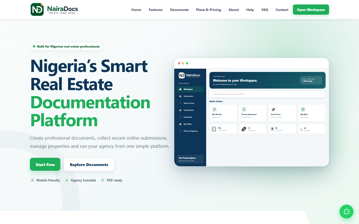 The NairaDocs homepage: a documentation platform for Nigerian real estate professionals, shown beside its workspace dashboard.