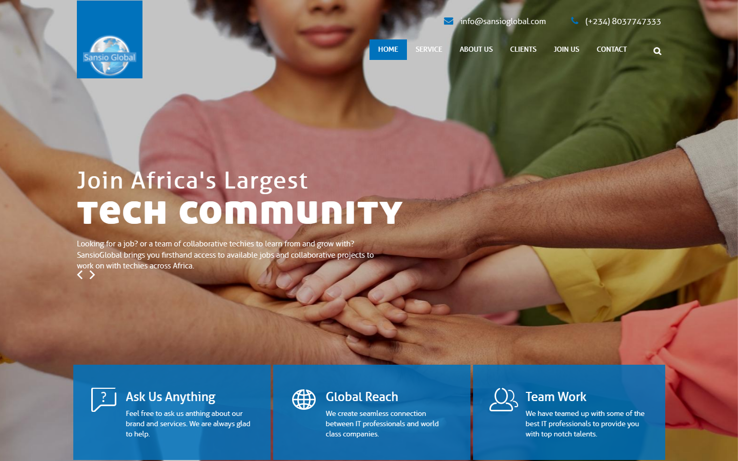 The SansioGlobal homepage: a tech community and recruitment site for African IT professionals, with stacked hands as the hero photo.